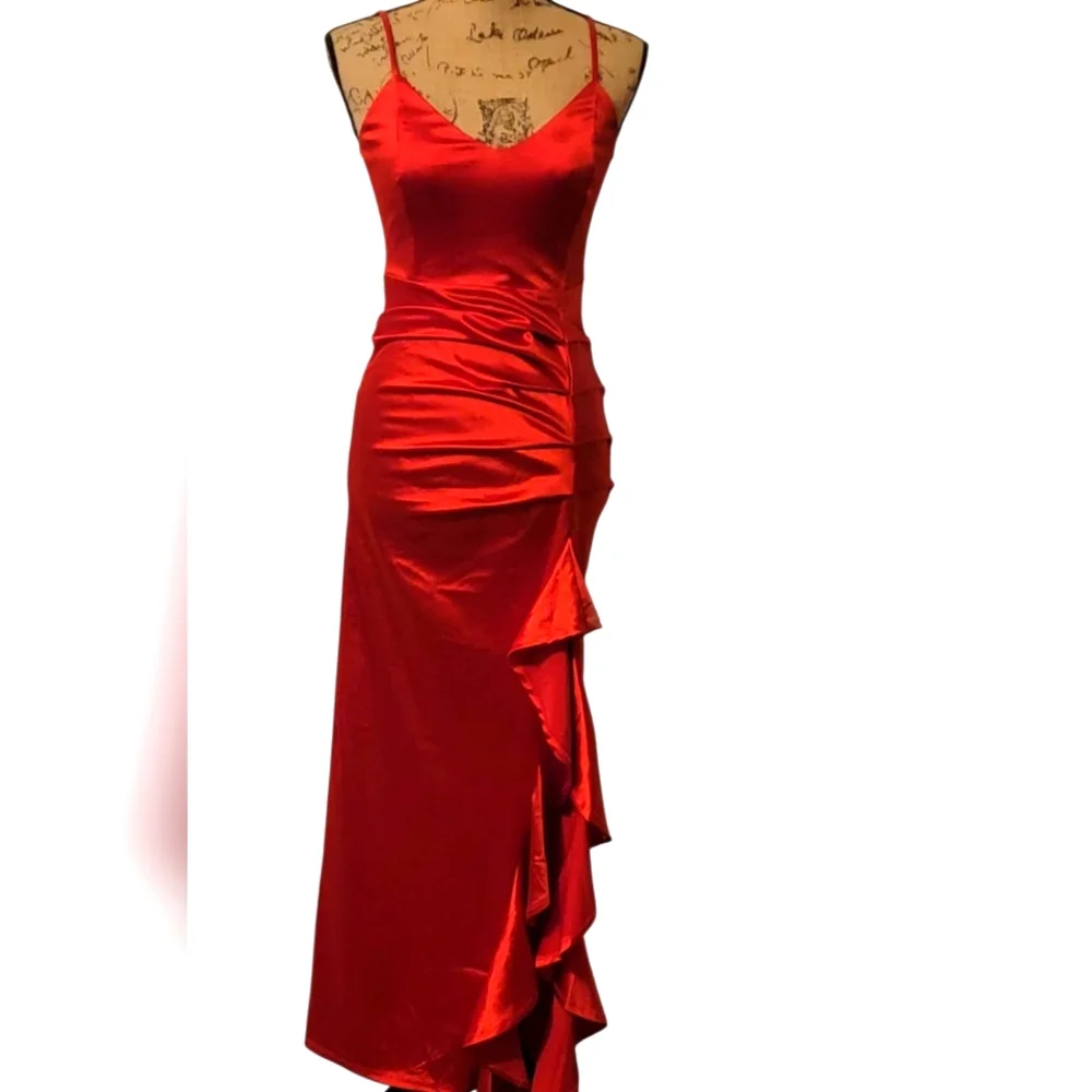 Liz & Sara Satin Ruched Ruffle Spaghetti Strap Bodycon Slip Dress